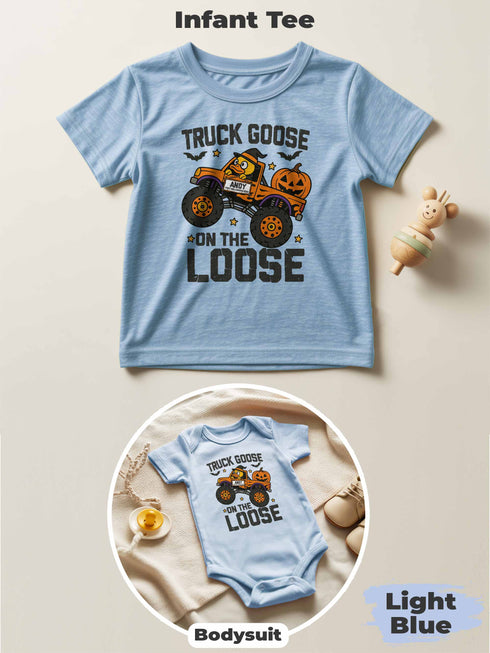 Personalized Baby “Truck Goose On The Loose” Halloween Outfit – Custom Bodysuit & Infant Tee